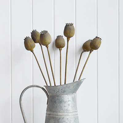 Artificial Poppy stem for styling New England style  interiors. Farmhouse, country, coastal and city homes