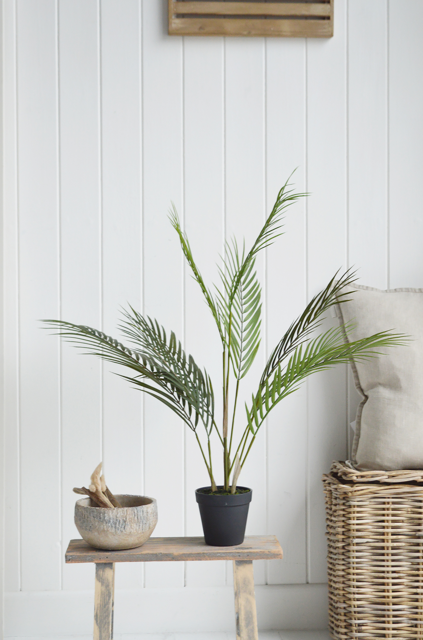 Artificial green palm plant for New England country and coastal furniture and homne interiors