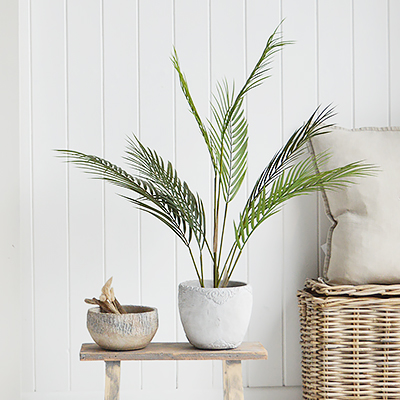 Artificial green palm plant for New England country and coastal furniture and homne interiors