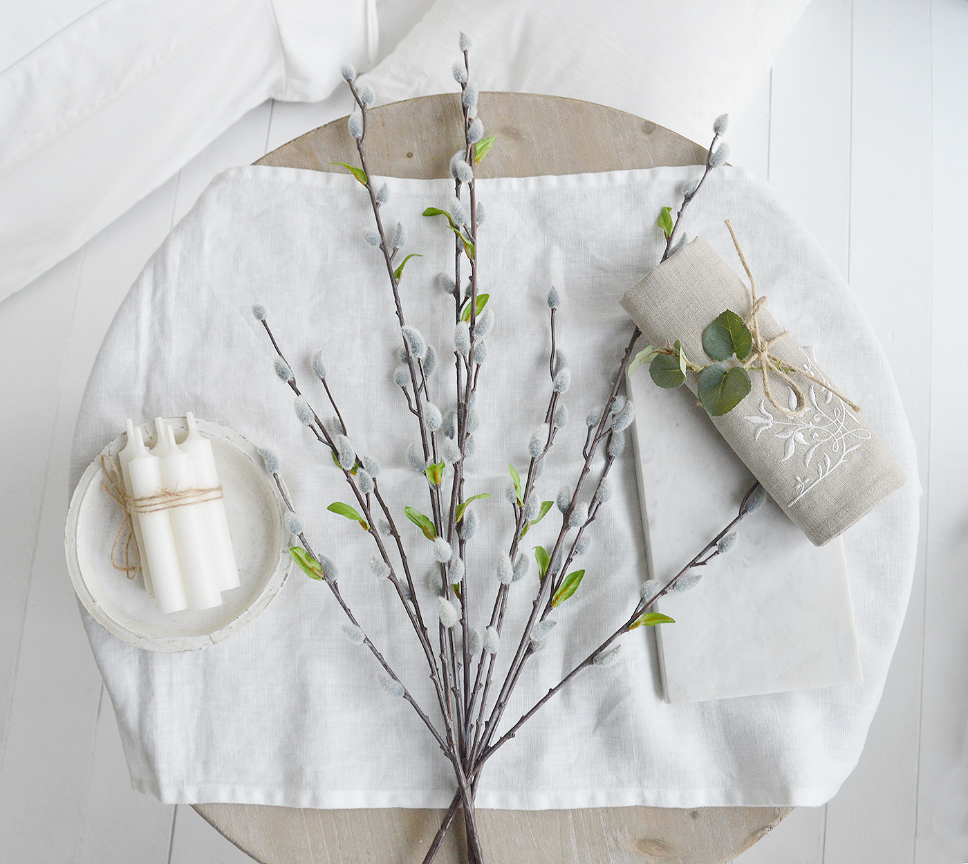 Artificial pussy willow branches in white rustic Hamden vase, perfect for neutral interiors in coastal, country and modern farmhouse homes