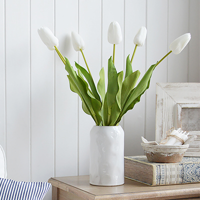 White Furniture and accessories for the home. Real Touch Realistic Artificial White Tulips. New England coastal and country interior.