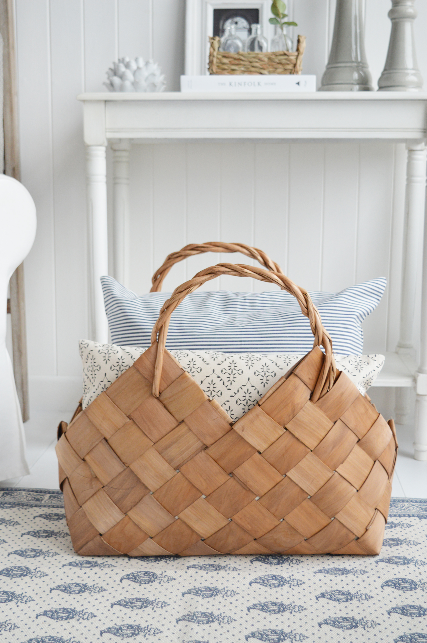 White Furniture and accessories for the home. Branford large hand woven basket with handles. Log and storage for New England style homes in country, coastal and city 