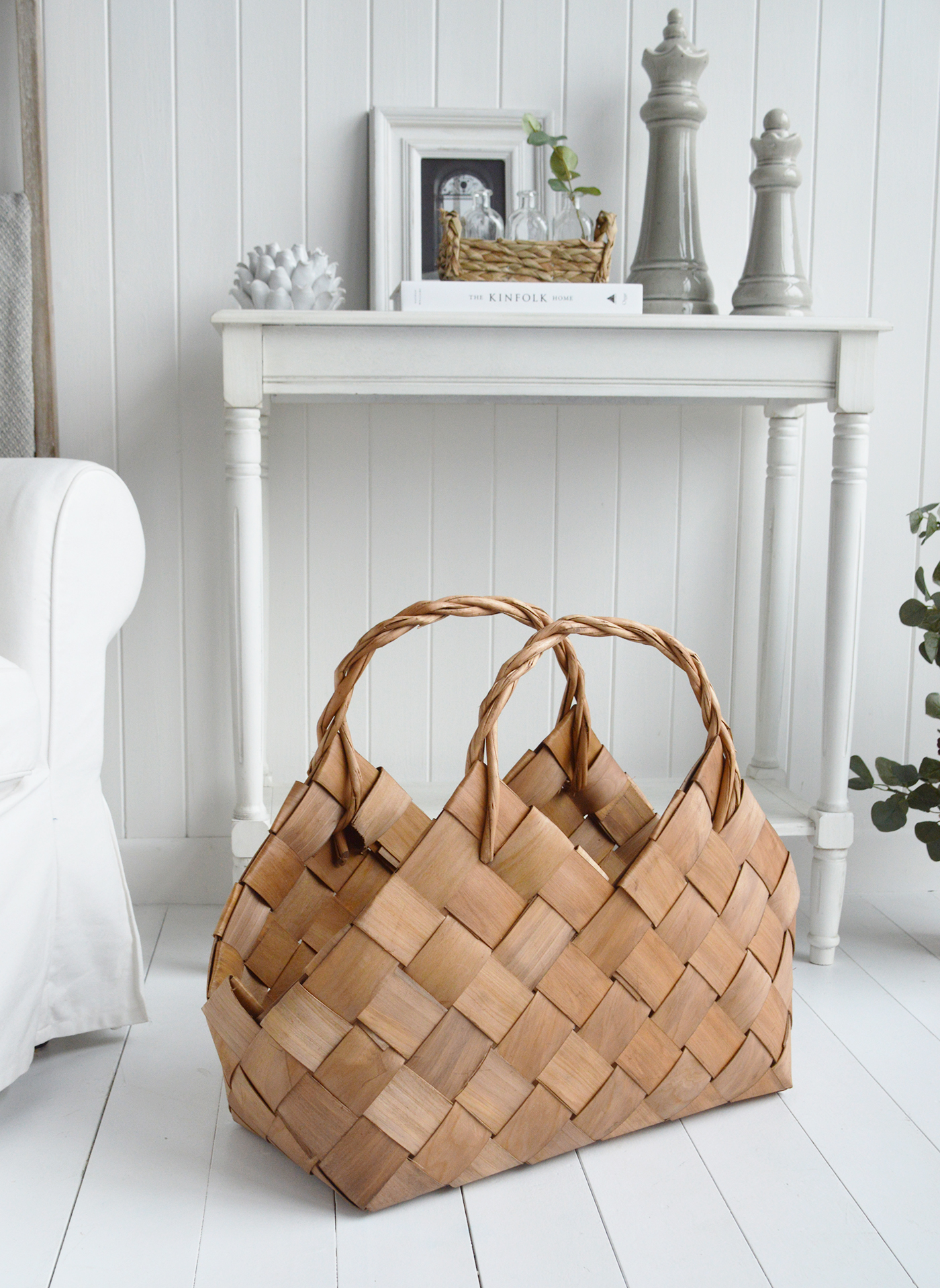 White Furniture and accessories for the home. Branford large hand woven basket with handles. Log and storage for New England style homes in country, coastal and city 