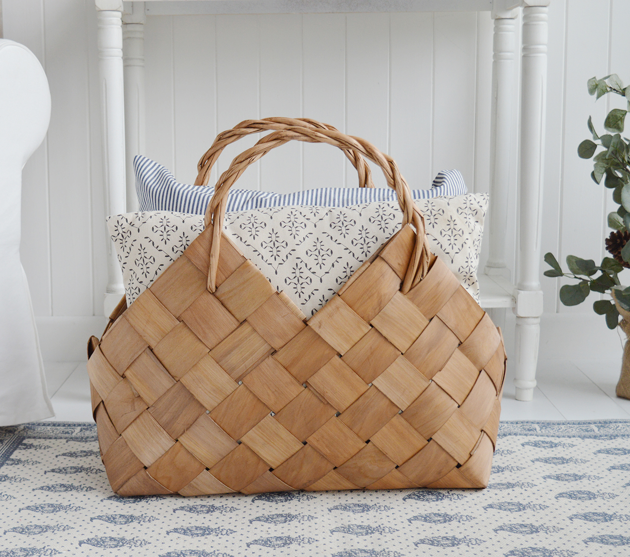White Furniture and accessories for the home. Branford large hand woven basket with handles. Log and storage for New England style homes in country, coastal and city 
