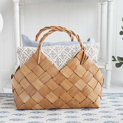 White Furniture and accessories for the home. Branfor large hand woven basket with handles. Log and storage for New England style homes in country, coastal and city 