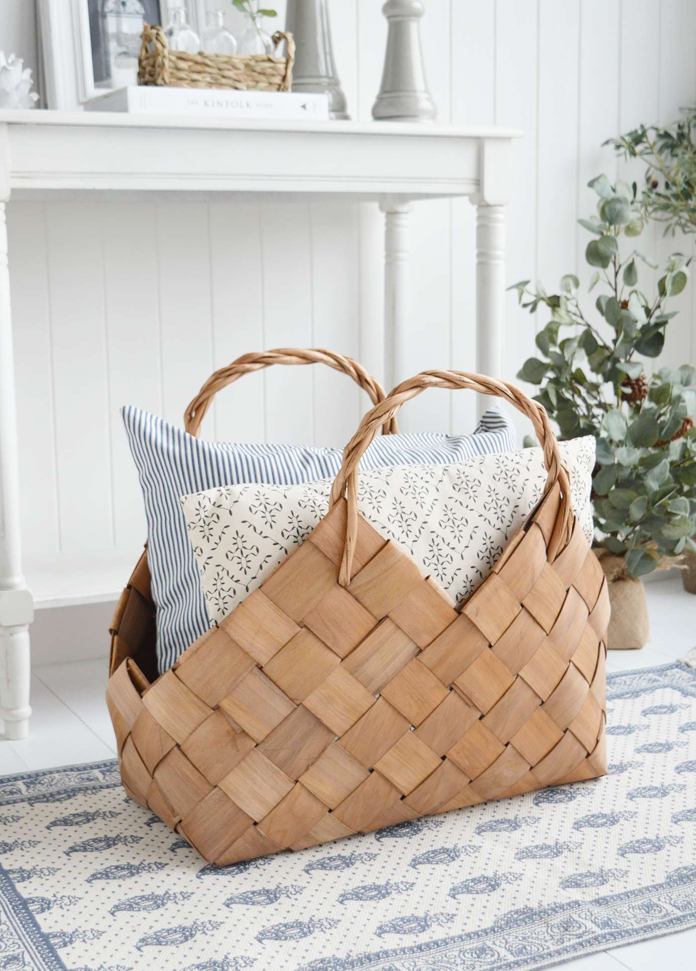 White Furniture and accessories for the home. Branford large hand woven basket with handles. Log and storage for New England style homes in country, coastal and city 