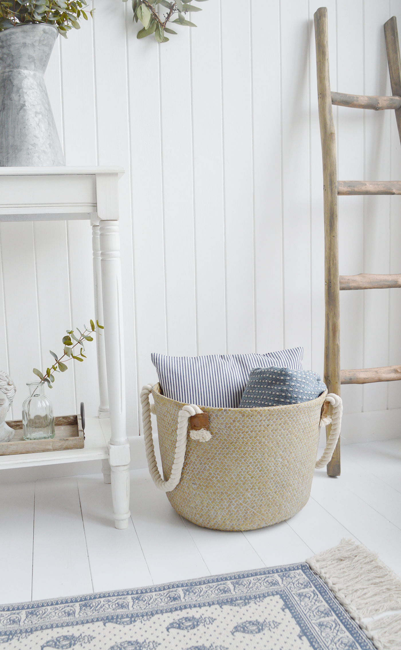 The Bridgehampton grey wash basket with large chunky rope handles for New England interiors from The White Lighthouse Furniture for coastal, country, and city homes