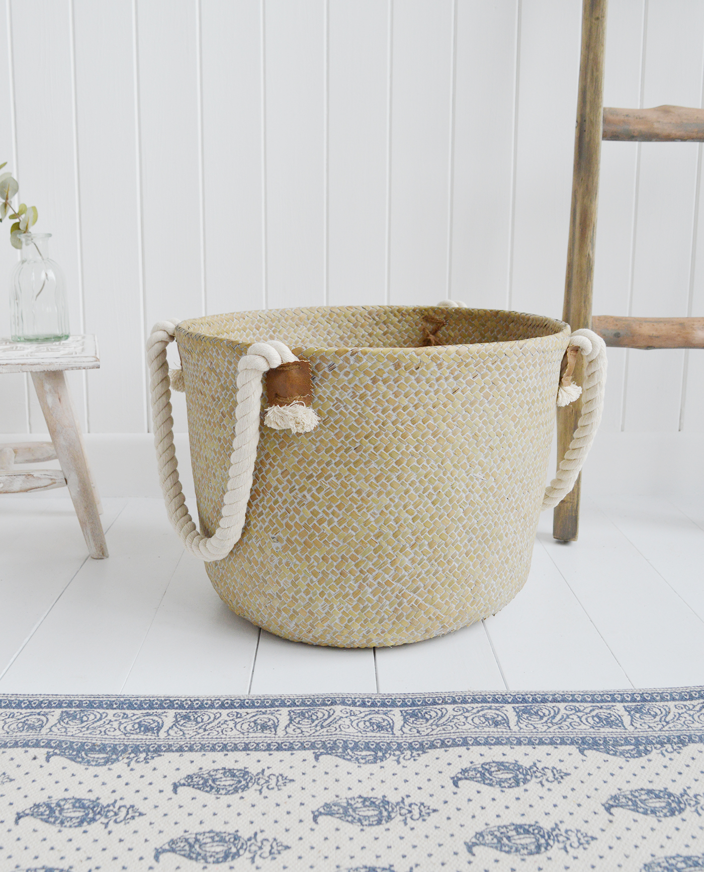 The Bridgehampton grey wash basket with large chunky rope handles for New England interiors from The White Lighthouse Furniture for coastal, country, and city homes