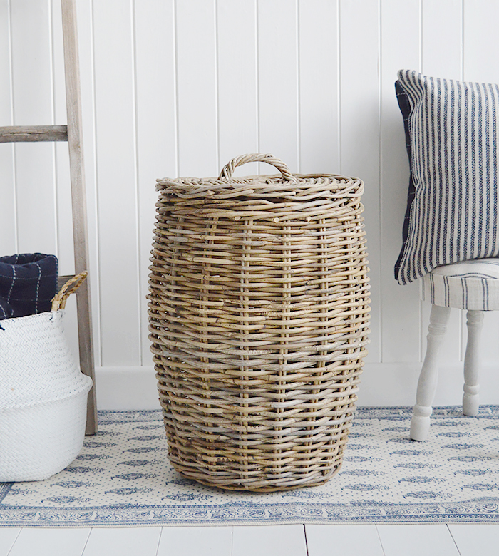 Casco Bay grey willow laundry basket with lid from The White Lighthouse Furniture and Home Interiors for New England, country, coastal and city homes for hallway, living room, bedroom and bathroom