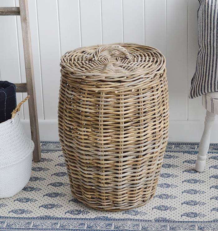 Casco Bay grey willow laundry basket with lid from The White Lighthouse Furniture and Home Interiors for New England, country, coastal and city homes for hallway, living room, bedroom and bathroom