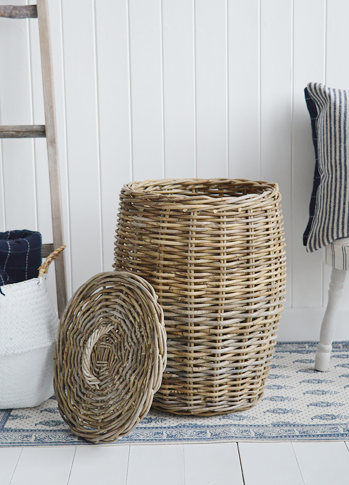 Casco Bay grey willow laundry basket with lid from The White Lighthouse Furniture and Home Interiors for New England, country, coastal and city homes for hallway, living room, bedroom and bathroom