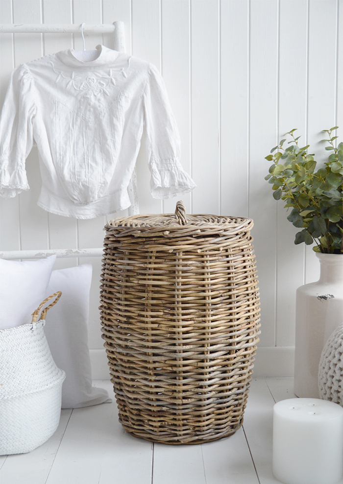 Casco Bay grey willow laundry basket with lid from The White Lighthouse Furniture and Home Interiors for New England, country, coastal and city homes for hallway, living room, bedroom and bathroom