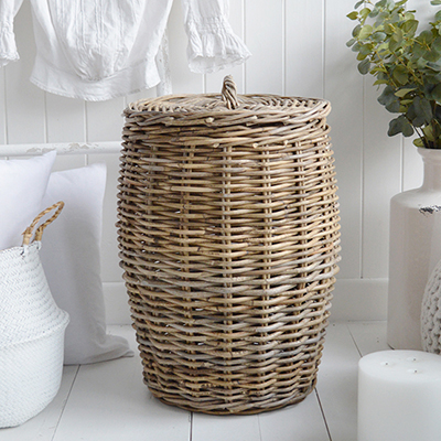 Casco Bay Grey basketware laundry basket with lidThe White Lighthouse Furniture and Home Interiors for New England, country, coastal and city homes for hallway, living room, bedroom and bathroom