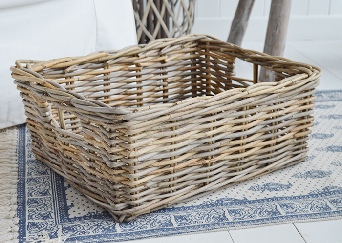 Casco Bay grey willow gre basket with handles for logs, toys and everyday storage from The White Lighthouse Furniture and Home Interiors for New England, country, coastal and city homes for hallway, living room, bedroom and bathroom