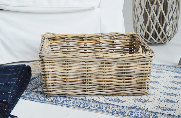 Casco Bay grey willow gre basket with handles for logs, toys and everyday storage from The White Lighthouse Furniture and Home Interiors for New England, country, coastal and city homes for hallway, living room, bedroom and bathroom