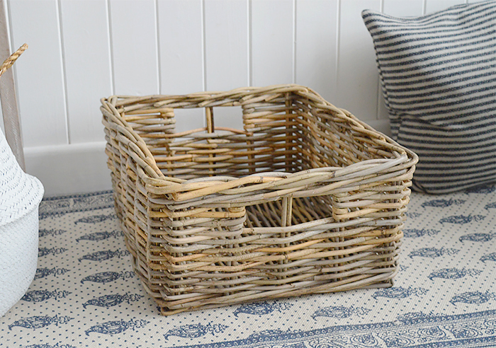 Casco Bay grey willow gre basket with handles for logs, toys and everyday storage from The White Lighthouse Furniture and Home Interiors for New England, country, coastal and city homes for hallway, living room, bedroom and bathroom