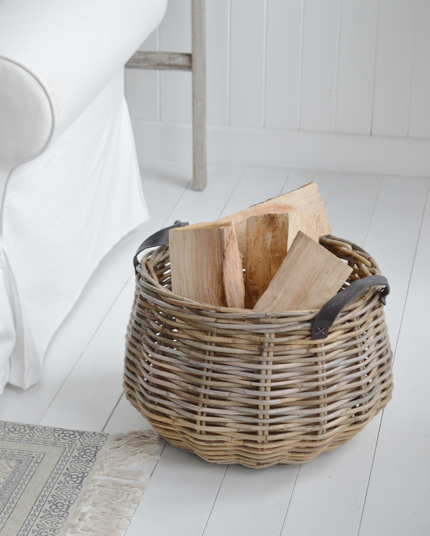 Casco Bay Grey basketware Willow log basket - New England COastal and Farmhouse Homes and Interiors