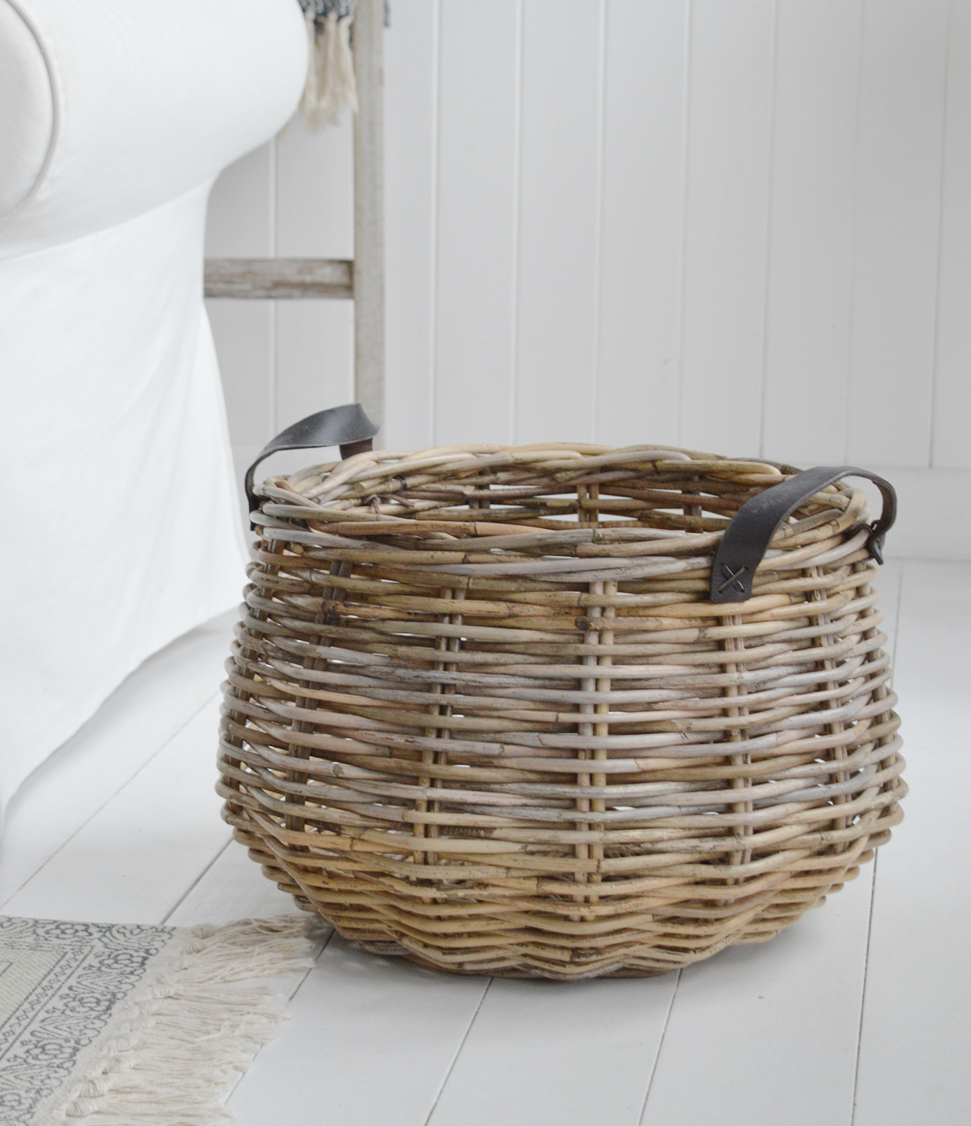 Casco Bay Grey basketware Willow log basket - New England COastal and Farmhouse Homes and Interiors