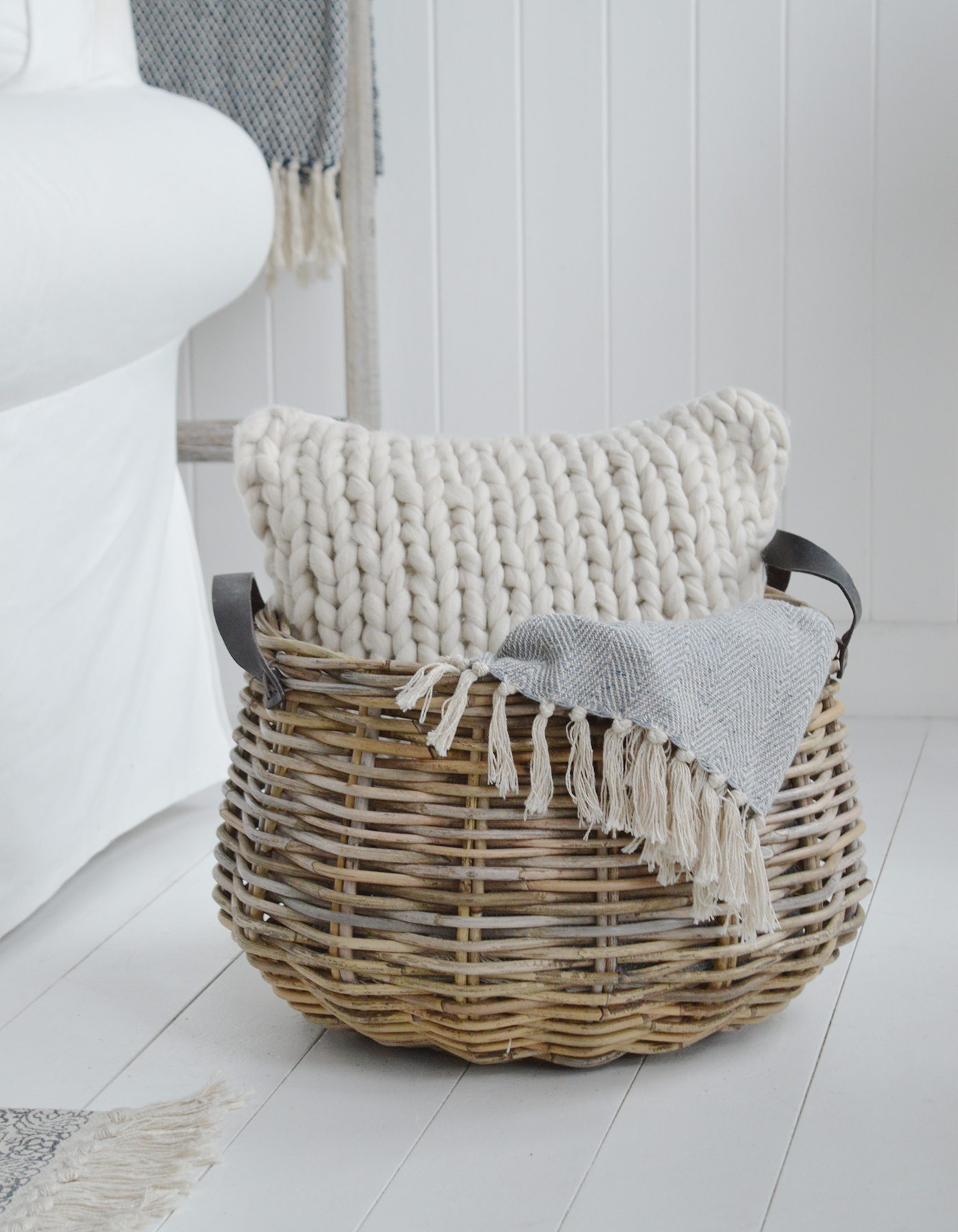 Casco Bay Grey basketware Willow log basket - New England COastal and Farmhouse Homes and Interiors