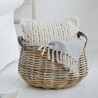 Casco Bay Grey basketware Willow round for logs, toys and everyday storage from The White Lighthouse Furniture and Home Interiors for New England, country, coastal and city homes for hallway, living room, bedroom and bathroom