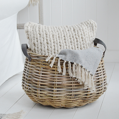 Casco Bay Grey basketware Willow round for logs, toys and everyday storage from The White Lighthouse Furniture and Home Interiors for New England, country, coastal and city homes for hallway, living room, bedroom and bathroom