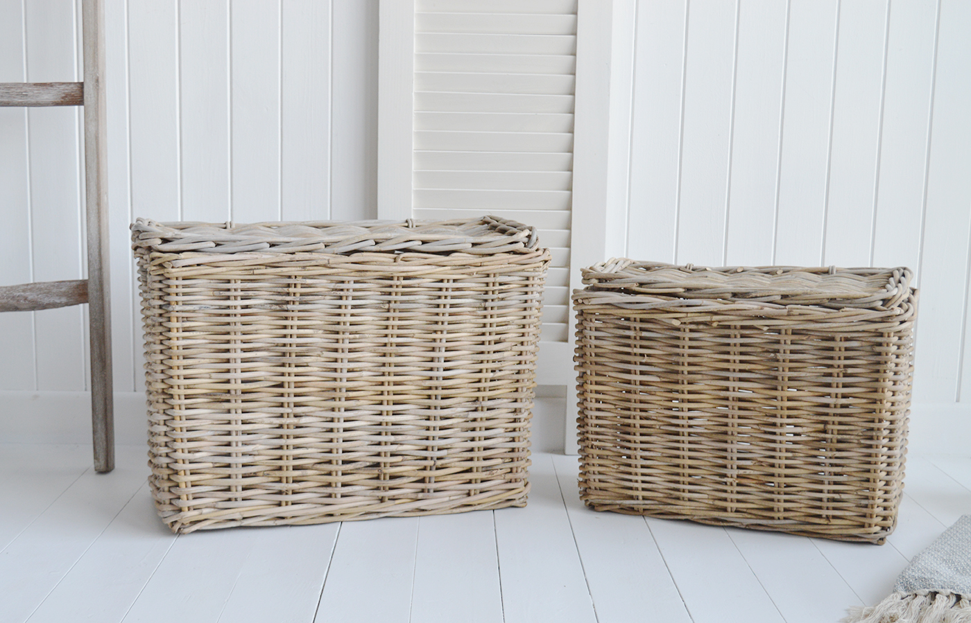 Casco Bay Grey basketware Willow slim basket hampers for logs, toys and everyday storage from The White Lighthouse Furniture and Home Interiors for New England, country, coastal and city homes for hallway, living room, bedroom and bathroom