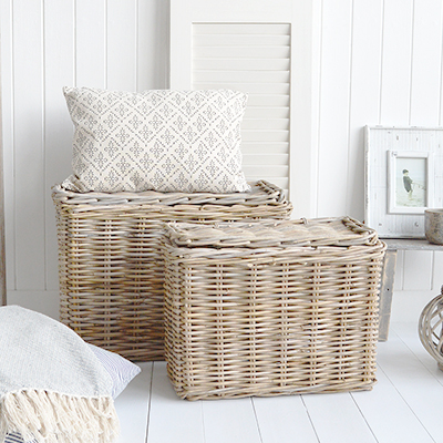 Casco Bay Grey basketware Willow slim basket hampers for logs, toys and everyday storage from The White Lighthouse Furniture and Home Interiors for New England, country, coastal and city homes for hallway, living room, bedroom and bathroom