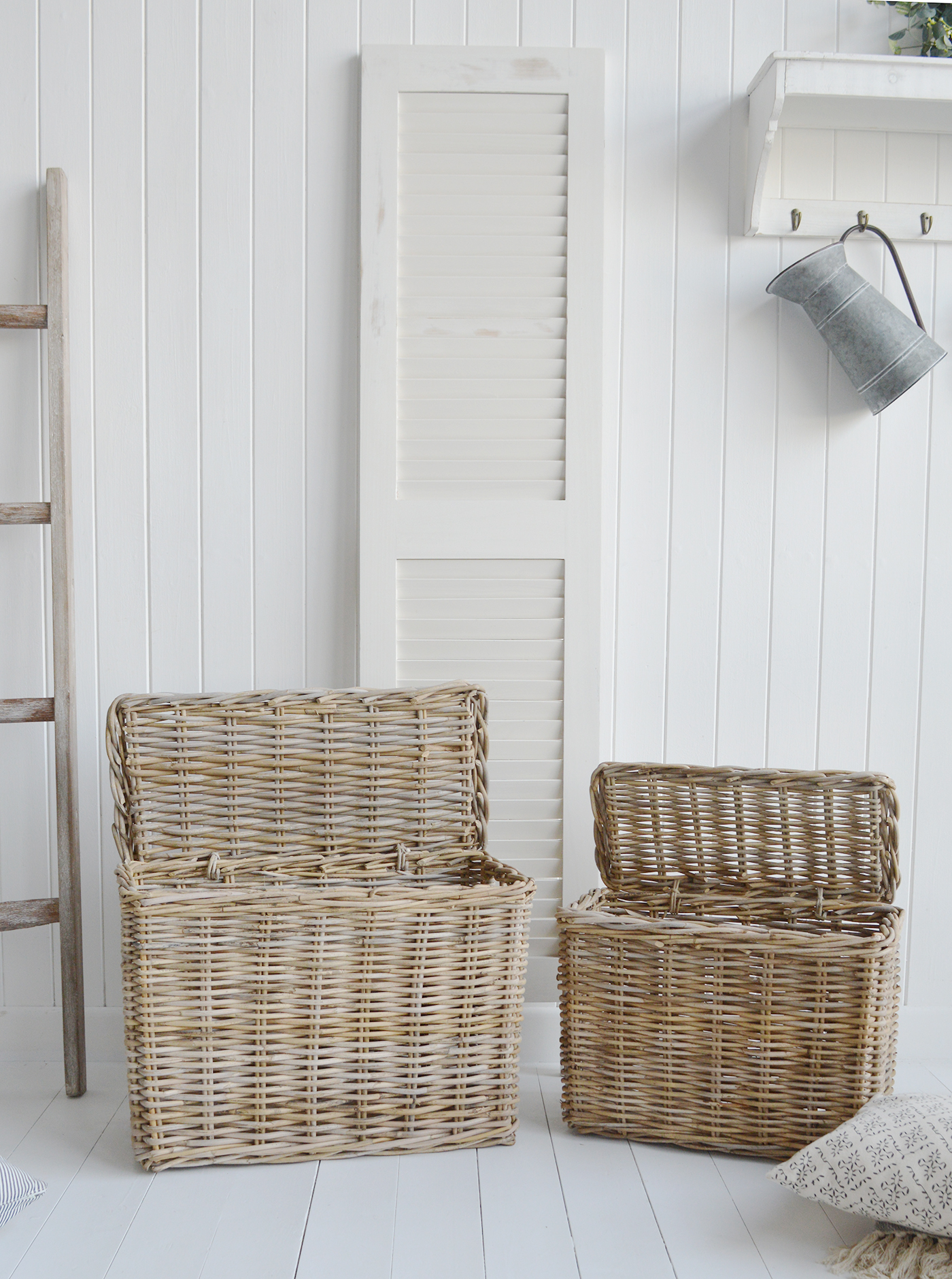 Casco Bay Grey basketware Willow slim basket hampers for logs, toys and everyday storage from The White Lighthouse Furniture and Home Interiors for New England, country, coastal and city homes for hallway, living room, bedroom and bathroom