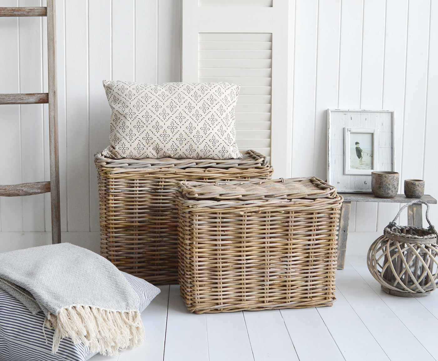 Casco Bay Grey basketware Willow slim basket hampers for logs, toys and everyday storage from The White Lighthouse Furniture and Home Interiors for New England, country, coastal and city homes for hallway, living room, bedroom and bathroom