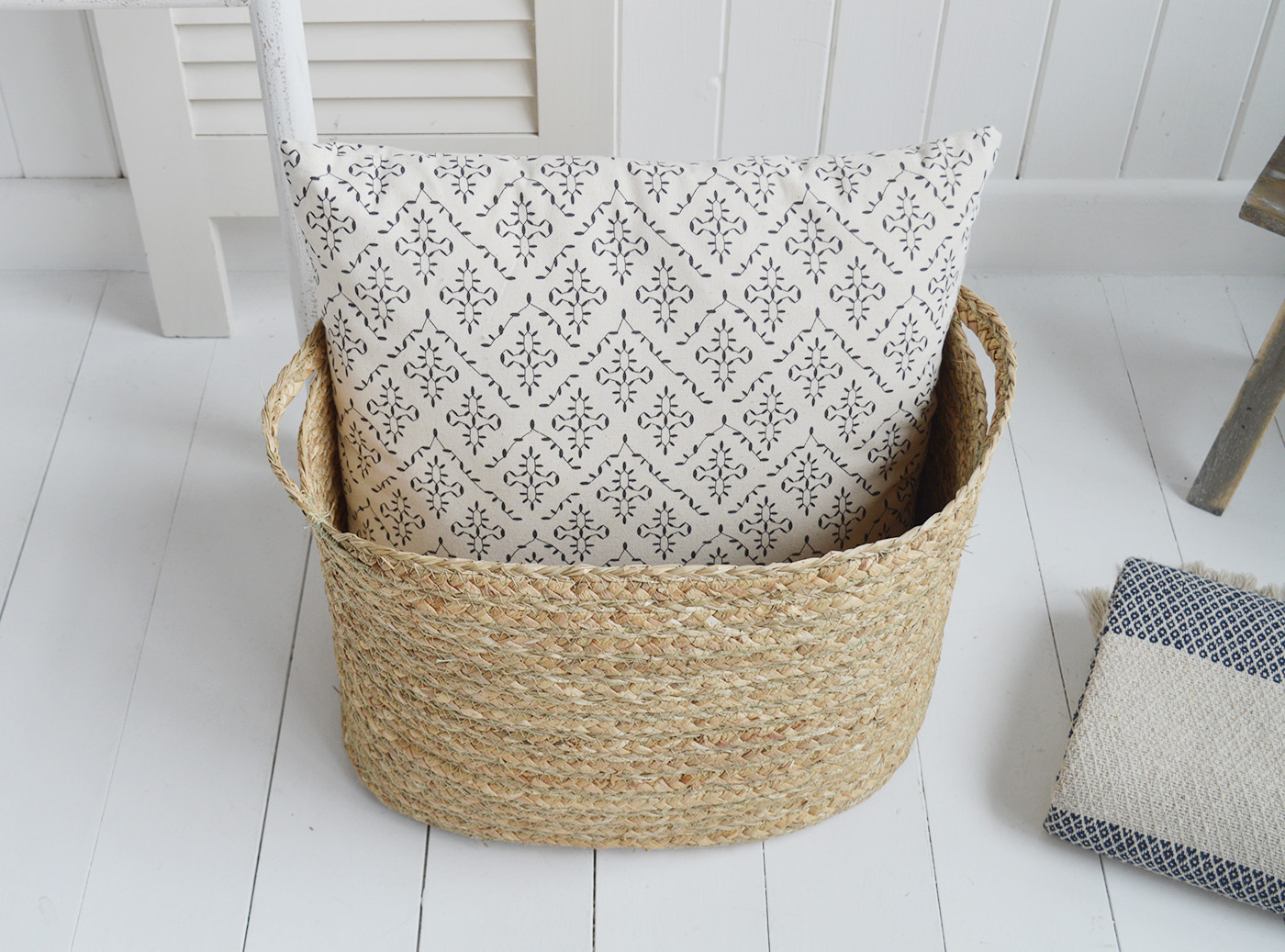 Freeport Maize rectangle basket with handles for logs, toys and everyday storage from The White Lighthouse Furniture and Home Interiors for New England, country, coastal and city homes for hallway, living room, bedroom and bathroom