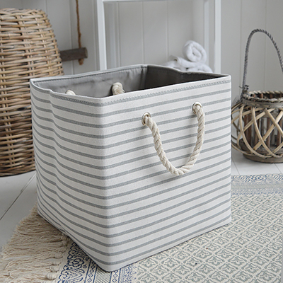 New England style grey strip fabric basket