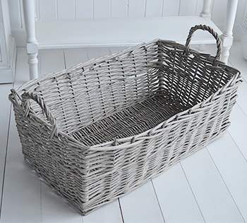 Grey willow rectangle basket under console tables