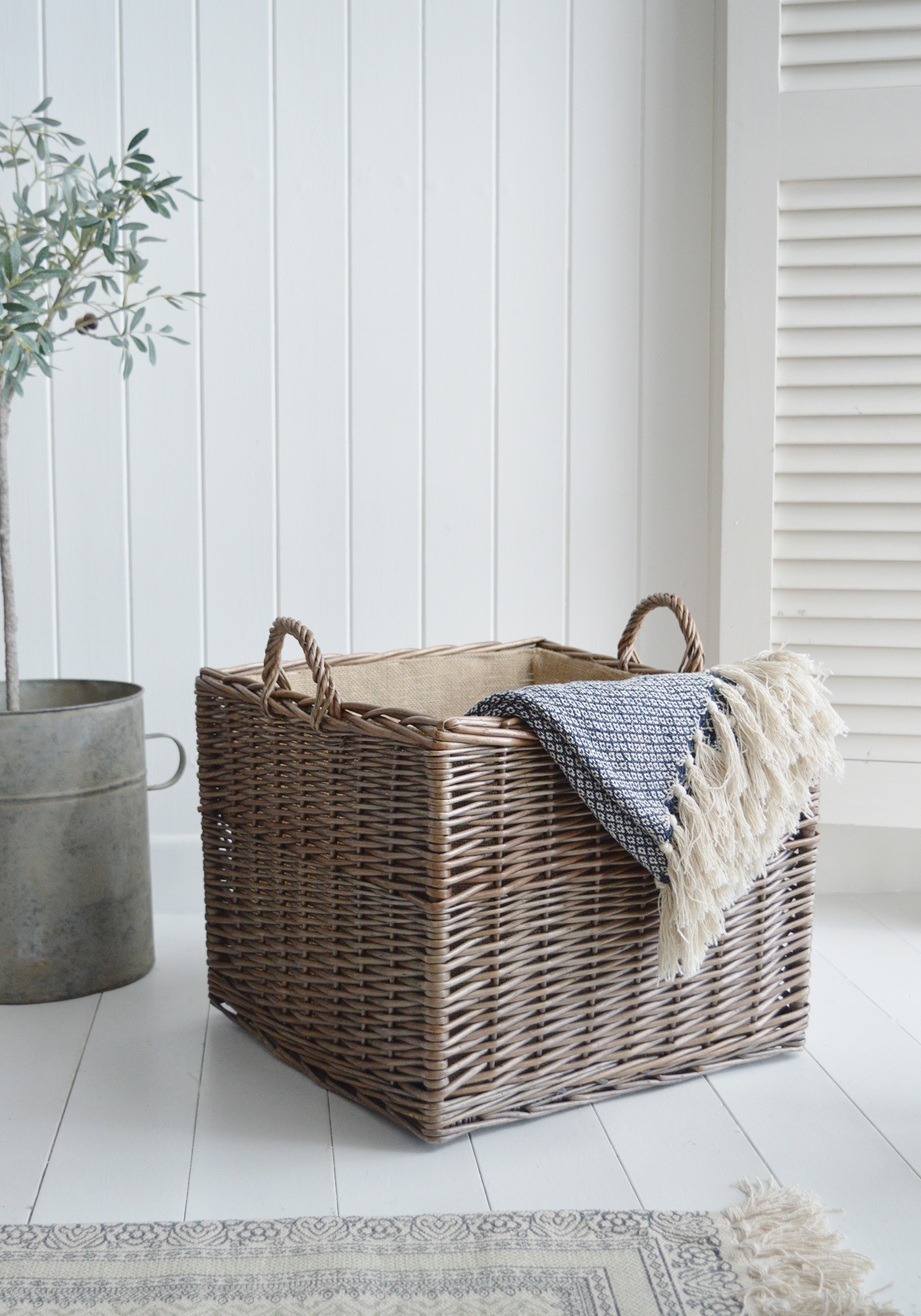 Large square lined log basket for New England country, coastal and modern farmhouse homes and interiors