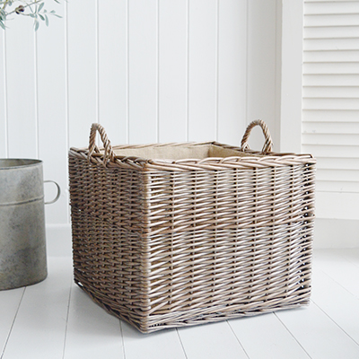 Large square lined log basket for New England country, coastal and modern farmhouse homes and interiors