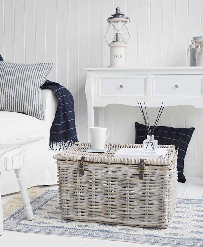 White furniture for the living room. Maine white sideboard with large cupboard and two basket drawers for New England, country and coastal furniture