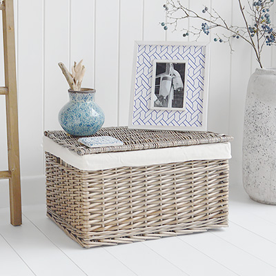 Harrow Picnic style basket hamper with lid from The White Lighthouse Furniture. New England, country, coastal, city and whie home interiors. Hallway, Bedroom , Bathroom and living room