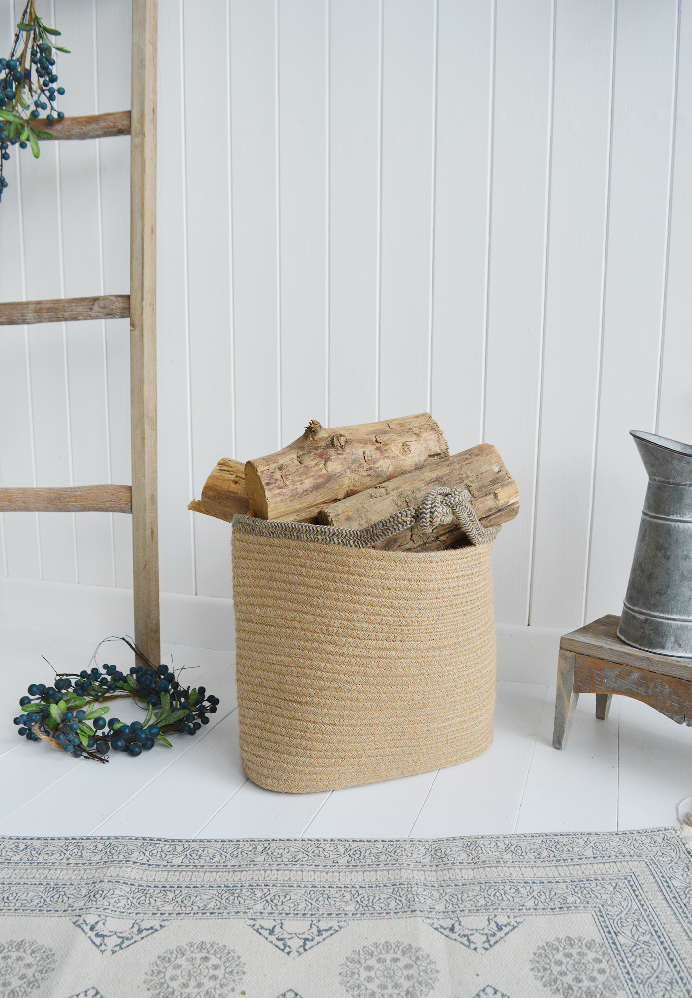 Jute basket with handles for logs, toys and everyday storage from The White Lighthouse Furniture and Home Interiors for New England, country, coastal and city homes