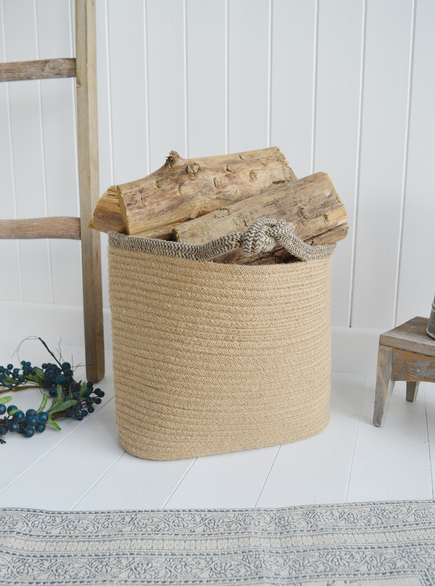 Jute basket with handles for logs, toys and everyday storage from The White Lighthouse Furniture and Home Interiors for New England, country, coastal and city homes