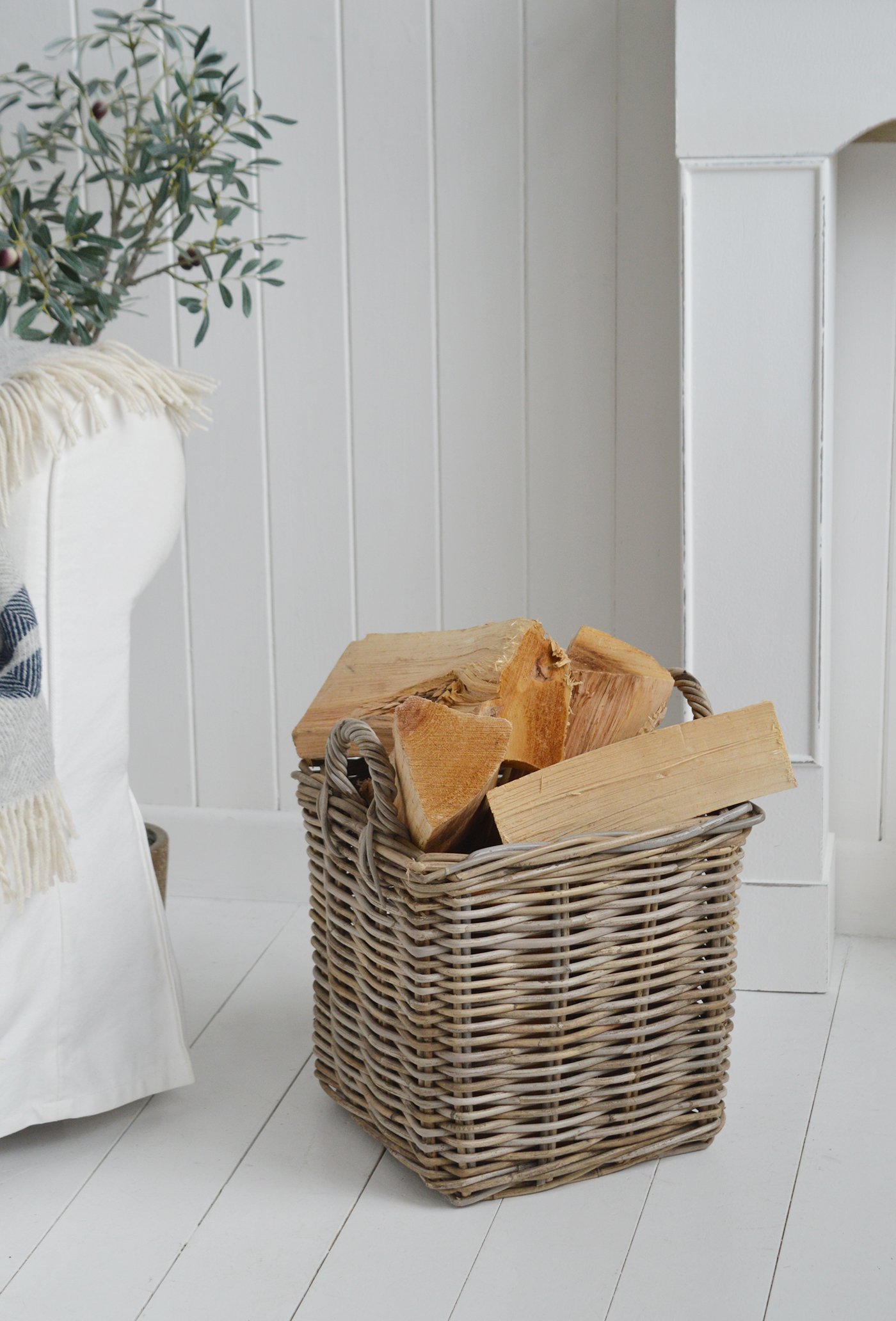 Small grey willow wicker log basket with handles