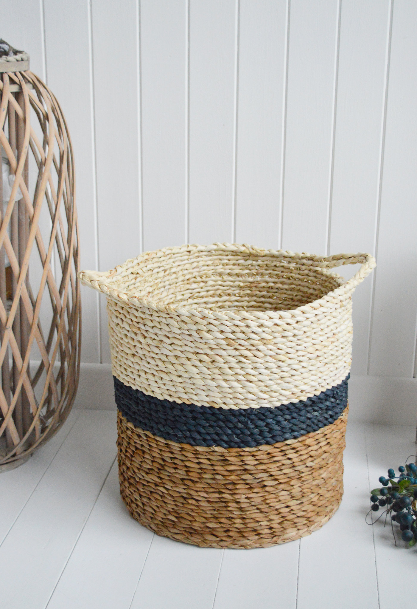 Southampton basket handles for logs, toys and everyday storage from The White Lighthouse Furniture and Home Interiors for New England, country, coastal and city homes for hallway, living room, bedroom and bathroom