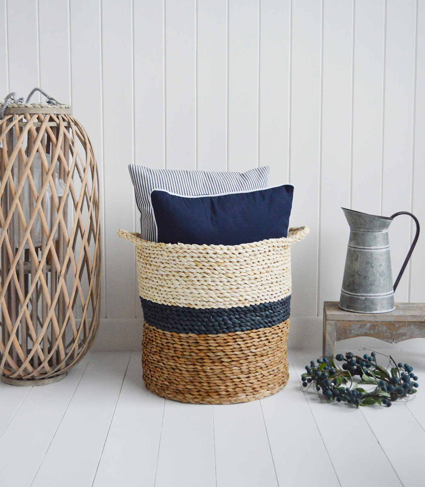 Southampton basket handles for logs, toys and everyday storage from The White Lighthouse Furniture and Home Interiors for New England, country, coastal and city homes for hallway, living room, bedroom and bathroom