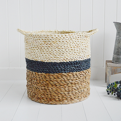 Southampton navy stripe basket with handles from The White Lighthouse Furniture and Home Interiors for New England, country, coastal and city homes for hallway, living room, bedroom and bathroom