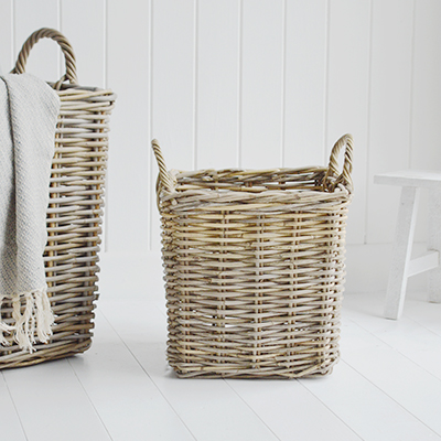 Casco Bay Grey basketware Willow round  for logs, toys and everyday storage from The White Lighthouse Furniture and Home Interiors for New England, country, coastal and city homes for hallway, living room, bedroom and bathroom