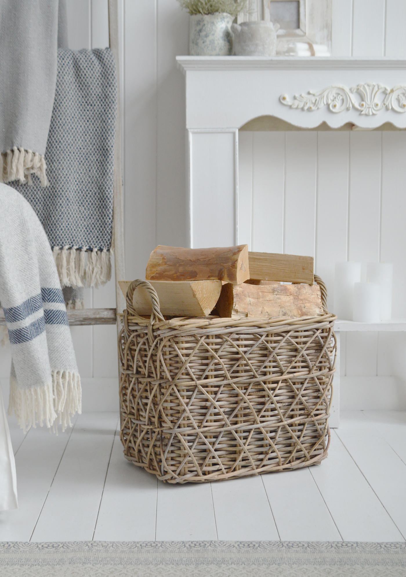 Casco Bay Basket in New England styled living room.Coastal and modern farmhouse furniture and interiors