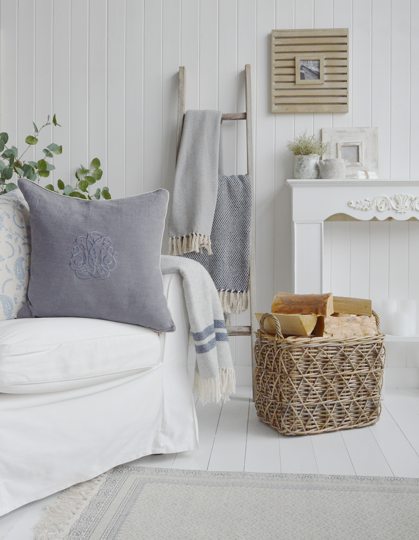 Casco Bay Basket in New England styled living room.Coastal and modern farmhouse furniture and interiors