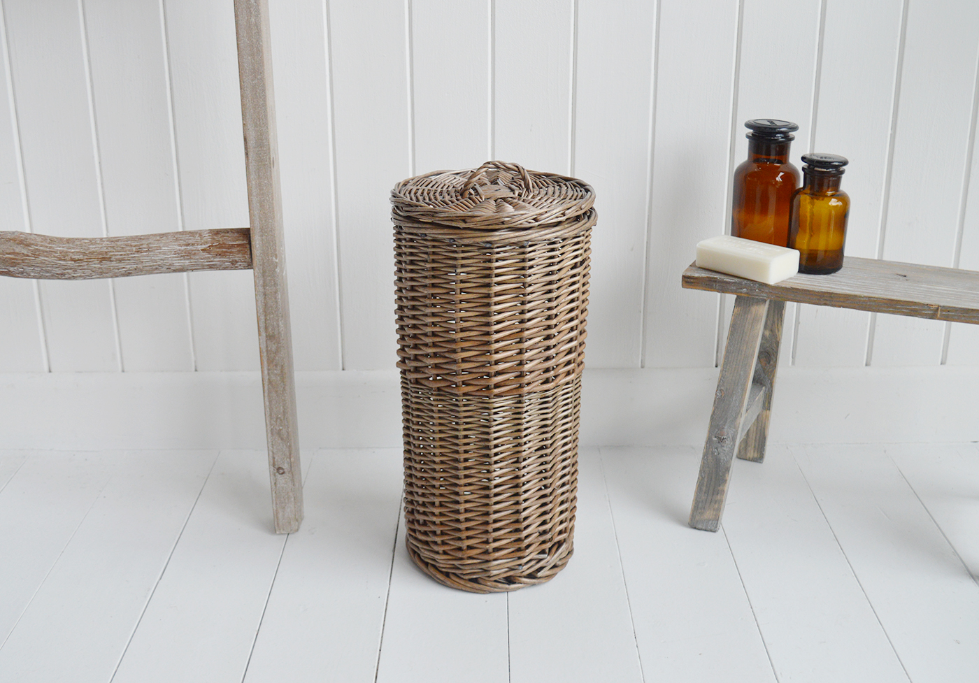 Harrow toilet toll basket from The White Lighthouse Furniture. New England, country, coastal, farmhouse city and white home interiors. Hallway, Bedroom , Bathroom and living room