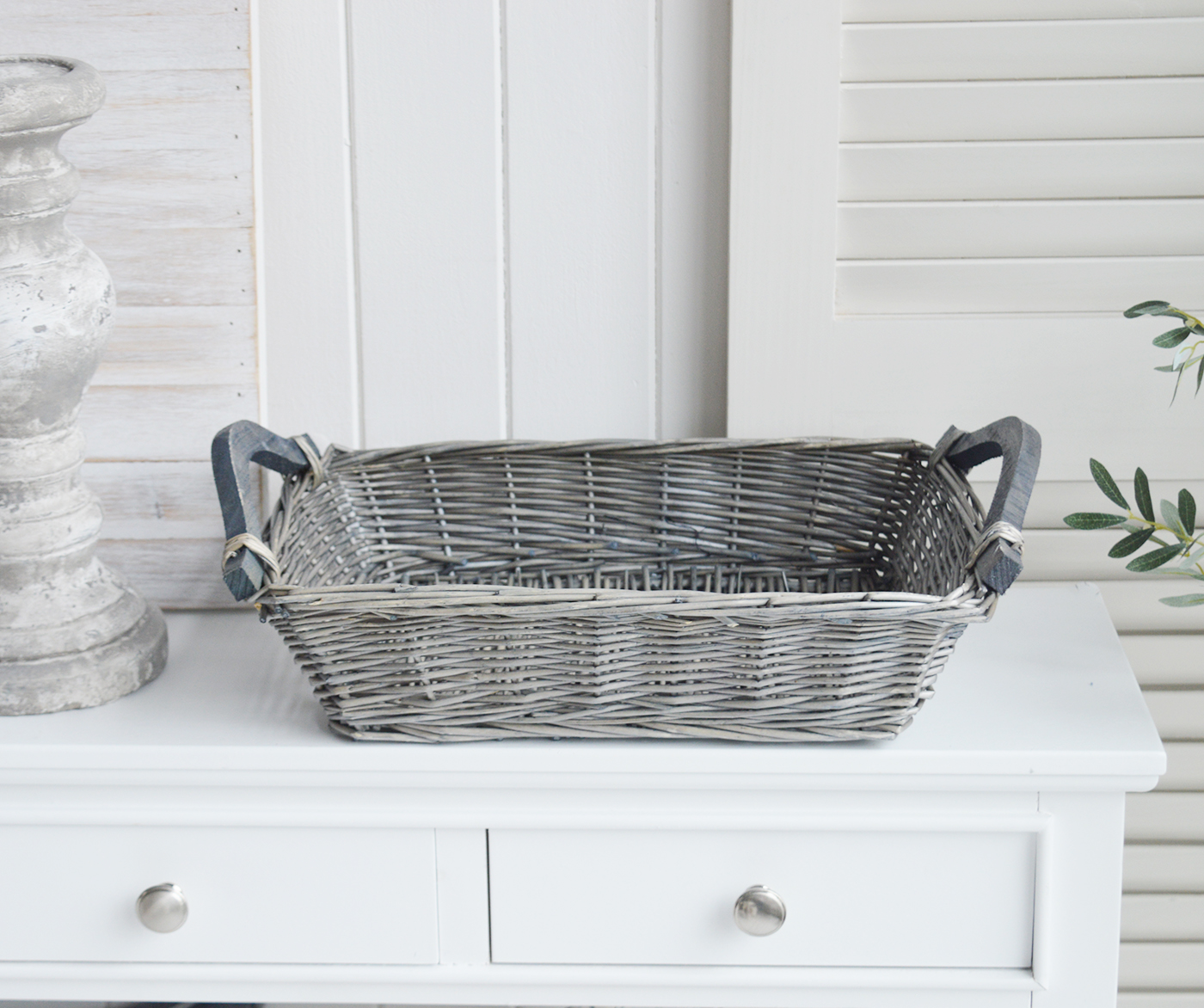 The White Lighthouse. White Furniture and accessories for the home. Windsor grey basket trayfor New England style interiors for country, coastal, city homes