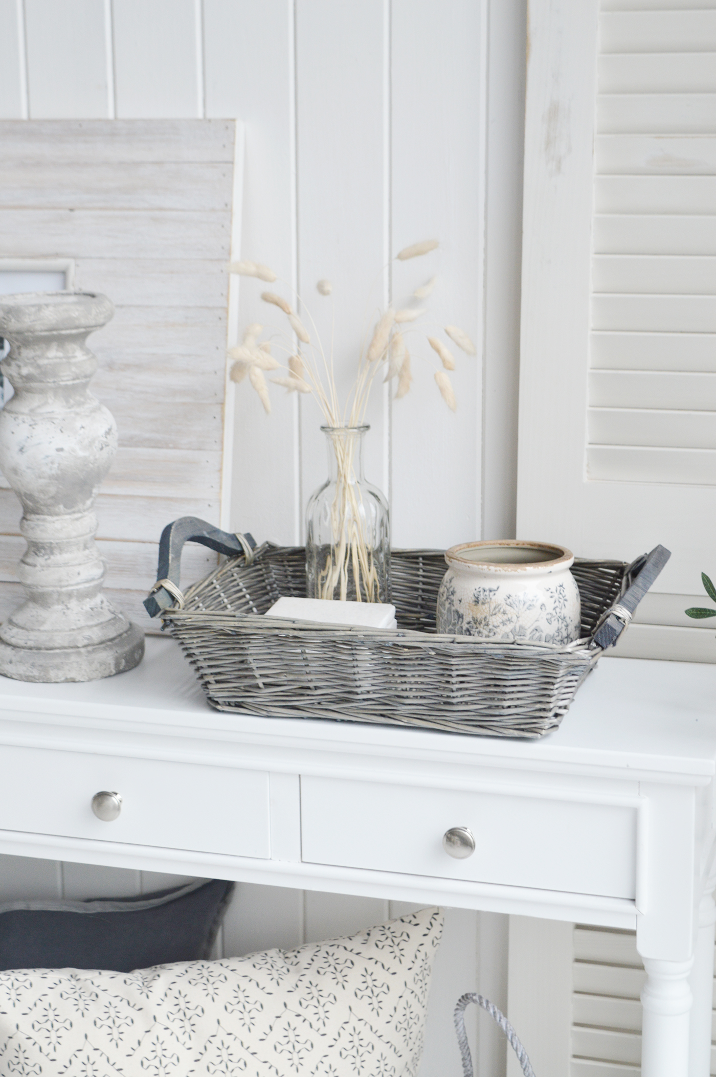 The White Lighthouse. White Furniture and accessories for the home. Windsor grey basket trayfor New England style interiors for country, coastal, city homes