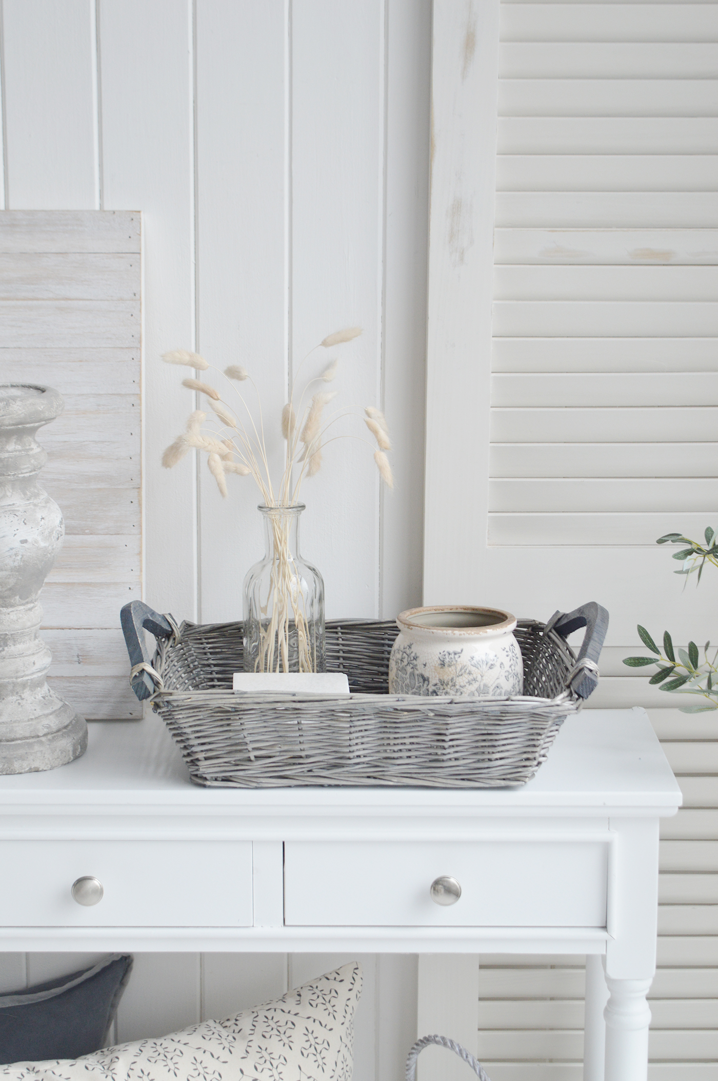 The White Lighthouse. White Furniture and accessories for the home. Windsor grey basket trayfor New England style interiors for country, coastal, city homes