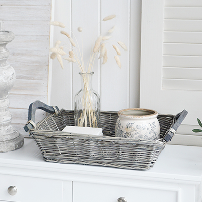 The White Lighthouse. White Furniture and accessories for the home. Grey Windsor basket Tray with handles - Coffee Table, Shelf and Console styling for New England, Country Farmhouse and coastal home interior decor